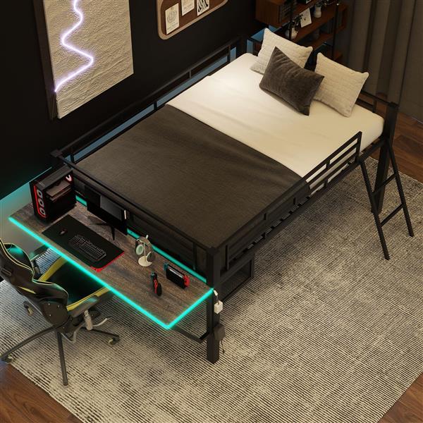 Gaming mid loft bed with desk, LED, Full, Black