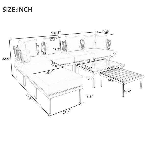 8-Piece Patio Sectional Sofa Set with Tempered Glass Coffee Table and Wooden Coffee Table for Outdoor Oasis, Garden, Patio and Poolside (Beige Cushion + White Steel)