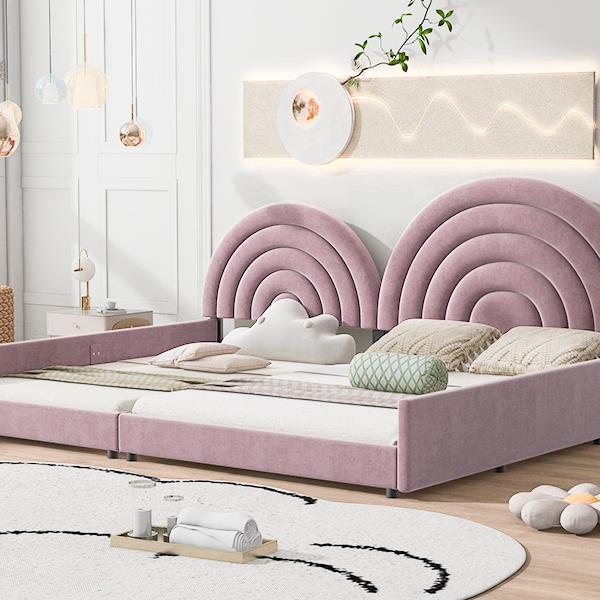 Twin+Full Upholstered Platform Bed Set with Semicircular Headboard, Pink