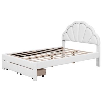 Full Size Upholstered Platform Bed with Seashell Shaped Headboard, LED and 2 Drawers, White