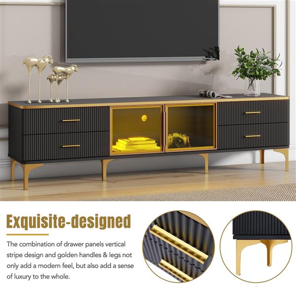 Stylish LED TV Stand with Marble-veined Table Top for TVs Up to 78'', Entertainment Center with Brown Glass Storage Cabinet, Golden Legs & Handles for Living Room, Black