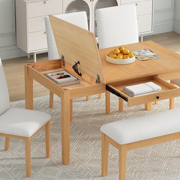 Farmhouse 6-Piece Dining Table Set with Storage Table, Kitchen Table Set with Drawer, Storable Bench and Upholstered Dining Chairs, Natural+Beige