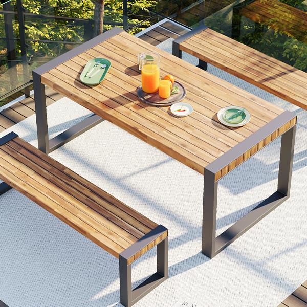 3-pieces Outdoor Dining Table With 2 Benches, Patio Dining Set With Unique Top Texture, Acacia Wood Top & Steel Frame, All Weather Use, For Outdoor & Indoor, Natural