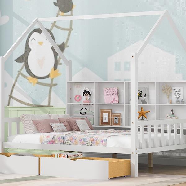 Wooden Full Size House Bed with 2 Drawers,Kids Bed with Storage Shelf, White(Expected Arrival Time: 5.15)