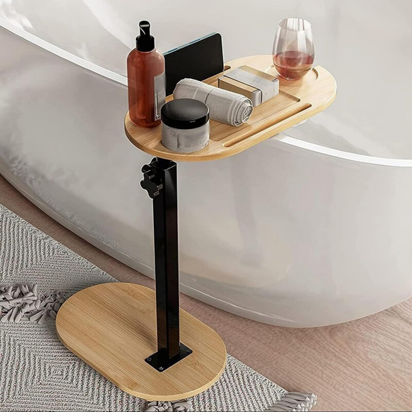 Adjustable height bamboo bathtub tray table, freestanding bathtub caddy tray for wall mounted bathtubs, bathtub side table for luxurious bathtubs, family hydrotherapy, and home heating