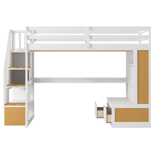 Full Size Loft Bed with Desk and Shelves, Two Built-in Drawers, Storage Staircase, White and Natural 