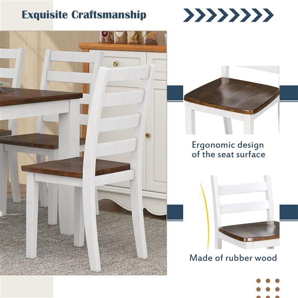 Rustic Style 6-Piece Dining Room Table Set with 4 Ernomic Designed Chairs & a Bench (Walnut + Cottage White)