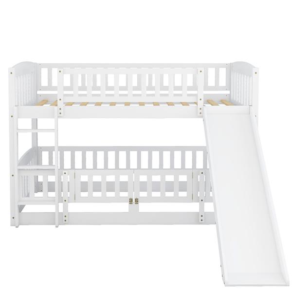 Bunk Bed with Slide,Twin Over Twin Low Bunk Bed with Fence and Ladder for Toddler Kids Teens White