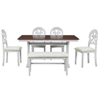 Mid-Century 6-Piece Trestle Table Set with Victorian Round Upholstered Dining Chairs and Long Bench, Cherry+Antique White