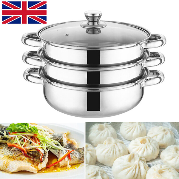 28CM 4PC STEAMER COOKER POT SET PAN COOK FOOD GLASS LIDS 3 TIER STAINLESS STEEL