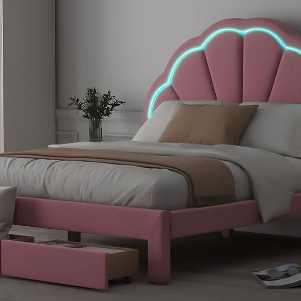 Full Size Upholstered Platform Bed with Seashell Shaped Headboard, LED and 2 Drawers, Pink