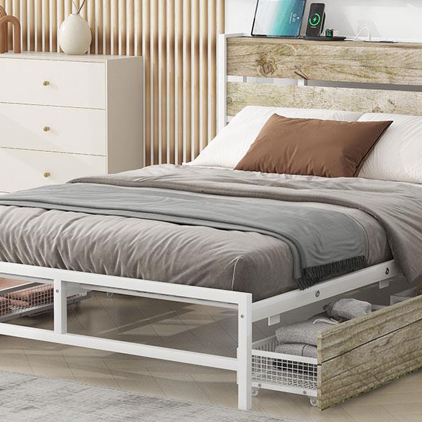 Metal Platform Bed With Four drawers, Sockets and USB Ports, Full, White