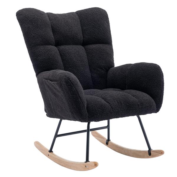 Rocking Chair with Pocket, Soft Teddy Fabric Rocking Chair for Nursery, Comfy Wingback Glider Rocker with Safe Solid Wood Base for Living Room Bedroom Balcony (black)