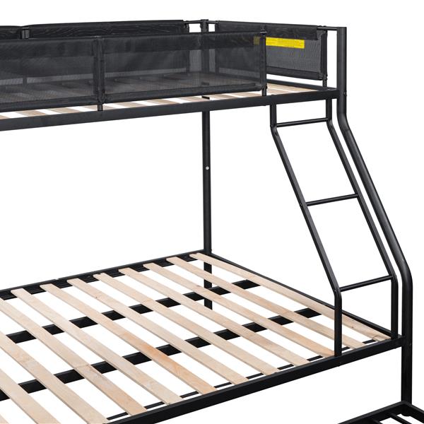 Twin over Full Metal Bunk Bed with Trundle/ Sturdy Metal Bed Frame/ Noise-Free Wood Slats/ Comfortable Textilene Guardrail/ Space-saving Trundle/ Bunk Bed for Three/ No Box Spring Needed