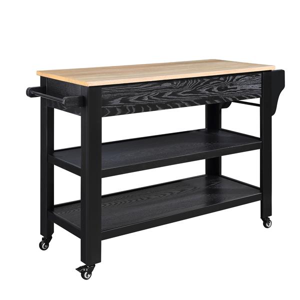 57 inch Rolling Kitchen Island with Storage,Kitchen Cart with Solid OAK Wood Top,Two-sided Kitchen island Cart on Wheels , Wine and Spice Rack, Large Kitchen Cart with 2 Drawers, Black+Natural Top