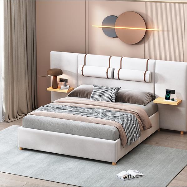 Queen Size Upholstered Platform Bed, Two Outlets and USB Charging Ports on Both Sides, Two Bedside Pillows, Storage Shelves, Beige