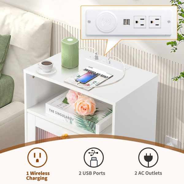 FCH White Hemp Surface Particle Board Changhong Glass 45*35*78cm 3 Drawers 1-Layer Bedside Table Wireless Charging + 2 USB + 2 Sockets Light Strip RGB 16 Colors