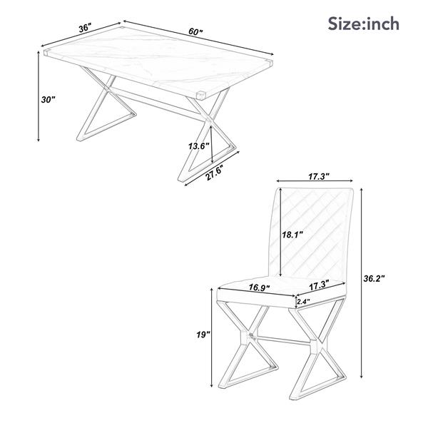 7-Piece Modern Dining Table Set, Rectangular Marble Texture Kitchen Table and 6 PU leather Chairs with X-Shaped ld Steel Pipe Legs for Dining Room (White)