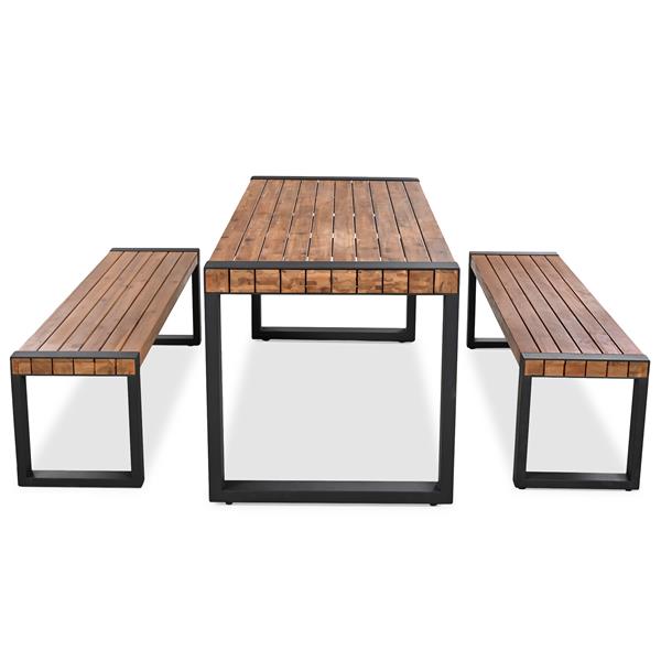 3-pieces Outdoor Dining Table With 2 Benches, Patio Dining Set With Unique Top Texture, Acacia Wood Top & Steel Frame, All Weather Use, For Outdoor & Indoor, Natural