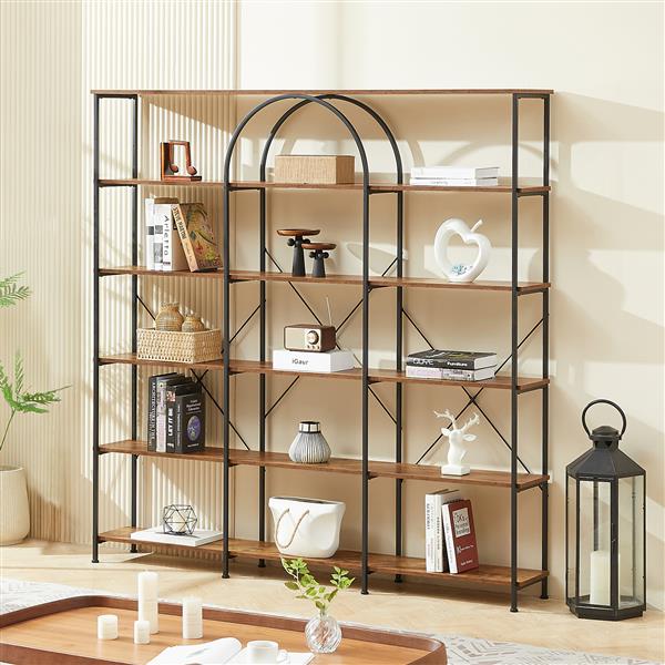 6 Tier Bookcase Home Office Open Bookshelf, Vintage Industrial Style Shelf with Metal Frame, MDF Board, Brown