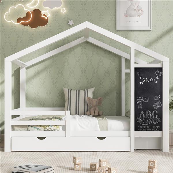 Full House Bed with Blackboard and Drawers, Two assembly options, White