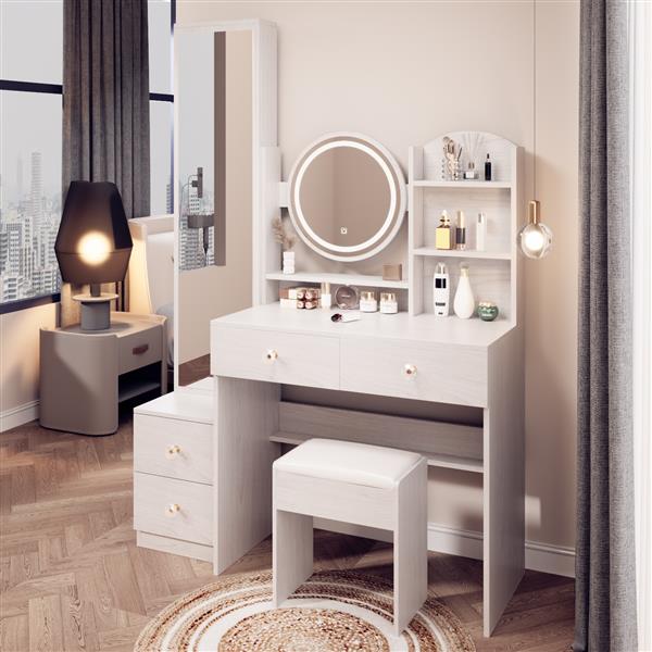 Full Body Mirror Cabinet + Round Mirror LED Vanity Table + Cushioned Stool, 17" diameter LED Mirror, Touch Control, 3-color, Brightness adjustable, Large desktop, Multi-layer High Capacity Storage