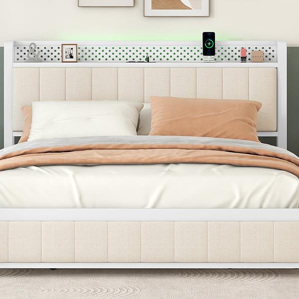 Queen Bed Frame with LED Headboard, Upholstered Bed with 4 Storage Drawers and USB Ports, Beige