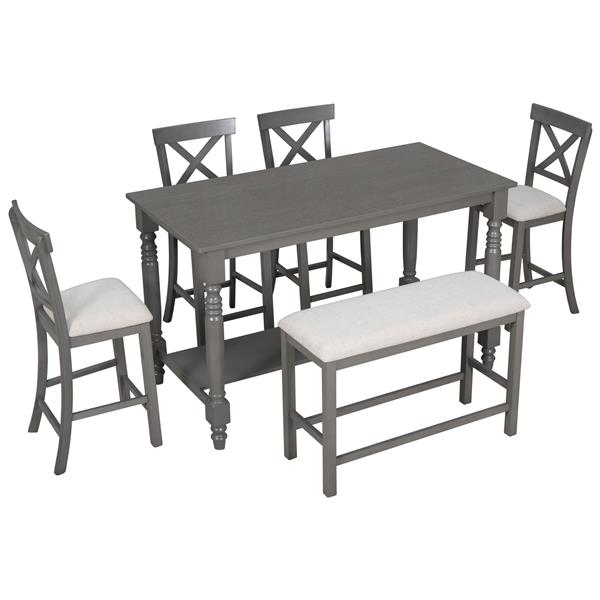 6-Piece Counter Height Dining Table Set Table with Shelf 4 Chairs and Bench for Dining Room (Gray)