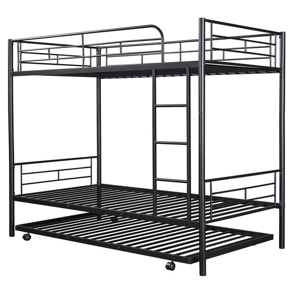 Twin-Over-Twin Metal Bunk Bed With Trundle,Can be Divided into two beds,No Box Spring needed ,Black