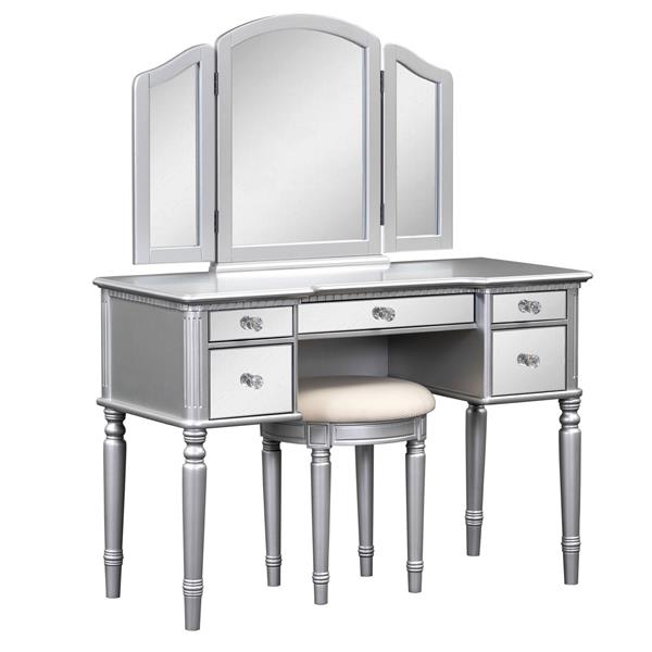 43" Dressing Table Set with Mirrored Drawers and Stool, Tri-fold Mirror, Makeup Vanity Set for Bedroom, Silver