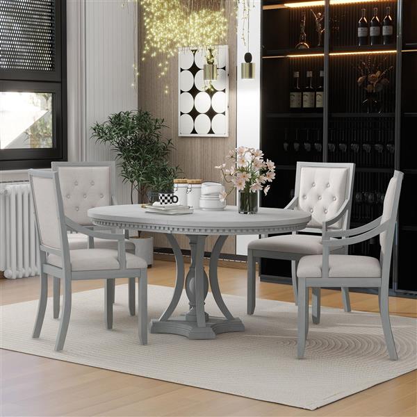 Retro 5-piece Dining Set Extendable Round Table and 4 Chairs for Kitchen Dining Room(ANTIQUE GRAY OAK)