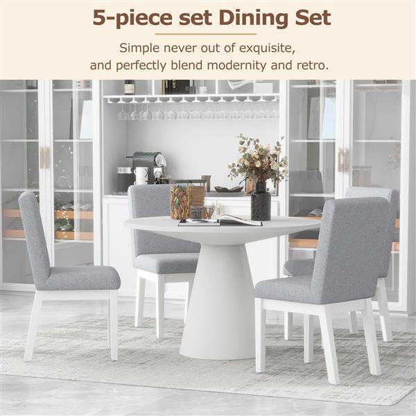 5-piece Dining Set Retro Round Table with 4 Upholstered Chairs for Living Room, Dining Room (White)