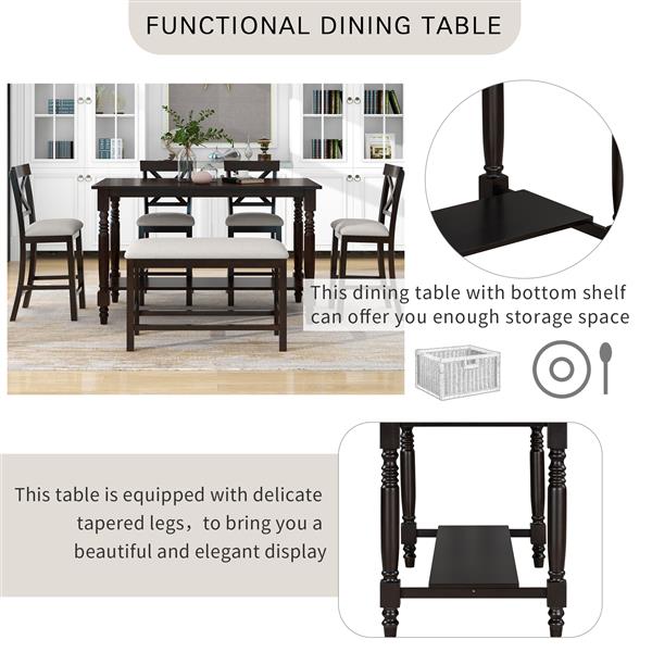 6-Piece Counter Height Dining Table Set Table with Shelf 4 Chairs and Bench for Dining Room (Espresso)