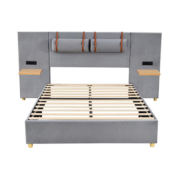 Full size upholstered platform bed with two outlets and USB charging ports on both sides, two bedside pillows, storage shelf, Gray