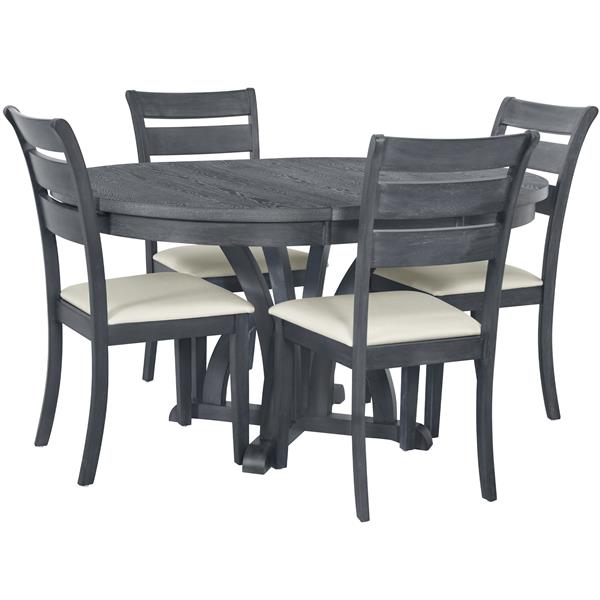 5-Piece Farmhouse Round Pedestal Extending Dining Table Set Extendable Kitchen Table Set with 15.8" Removable Leaf and Ladder Back Dining Chairs for Small Places, Black