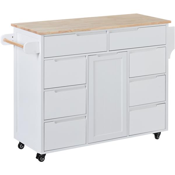 Kitchen Cart with Rubber Wood Countertop , Kitchen Island has 8 Handle-Free Drawers Including a Flatware Organizer and 5 Wheels for Kitchen Dinning Room, White