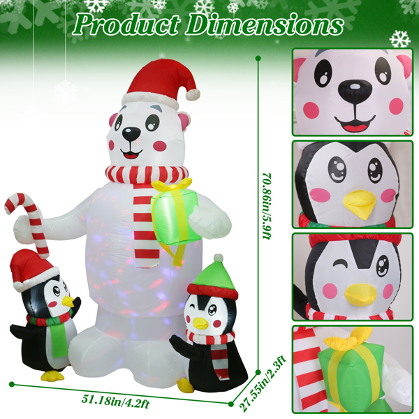 5.9FT Christmas Inflatable Outdoor Decoration Polar Bear Gift Box Penguin Blow Up Yard Decoration with LED Light Built-in Air Blower for Winter Holiday Xmas Garden