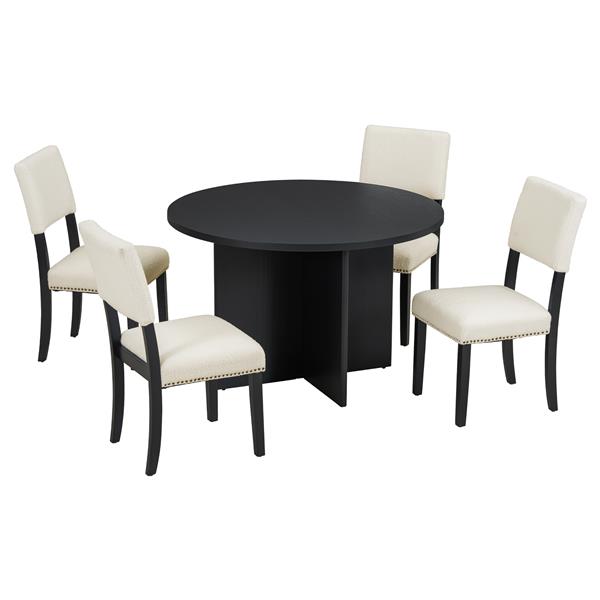 Modern 5-Piece Round Dining Table Set Pedestal Kitchen Table Set with 4 Upholstered Dining Chairs for Studio, Apartment, Small Places, Black