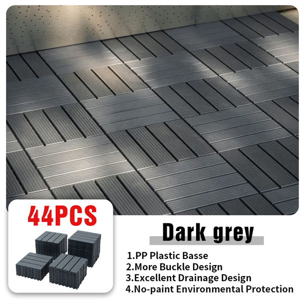 44pcs Straight stripe dark grey 11.8 "x 11.8" (30cmx30cm) interlocking deck plastic tiles, non-slip and waterproof, indoor and outdoor all-day terrace tiles, 3D imitation wood grain, patio, balcony