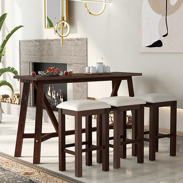 Multipurpose Home Kitchen Dining Bar Table Set with 3 Upholstered Stools(Dark Walnut)