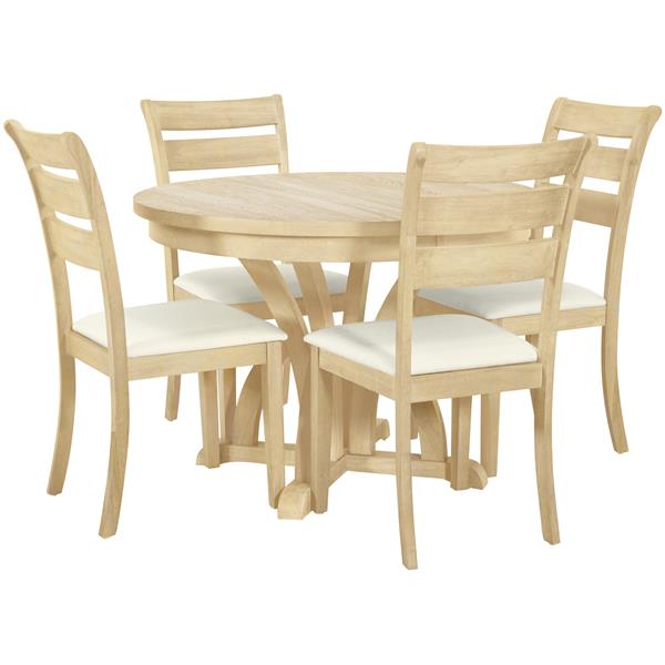 5-Piece Farmhouse Round Pedestal Extending Dining Table Set Extendable Kitchen Table Set with 15.8" Removable Leaf and Ladder Back Dining Chairs for Small Places, Natural