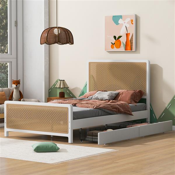 Full Size Metal Platform Bed with 2 Drawers, White