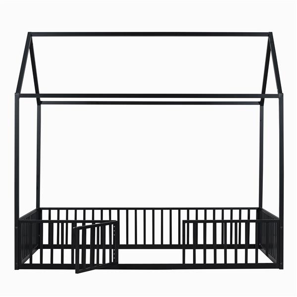 Twin Size Metal House Bed with Fence and Door, Black