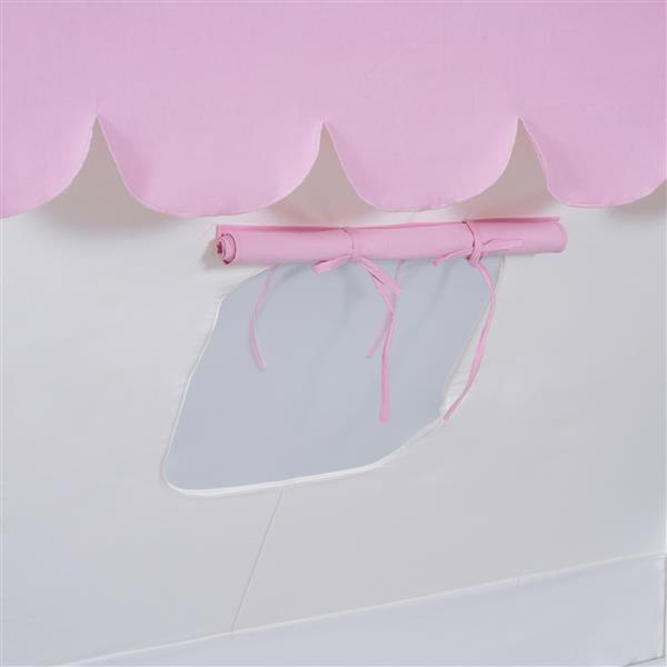 Wooden Full Size Tent Bed with Fabric for Kids,Platform Bed with Fence and Roof, White+Pink