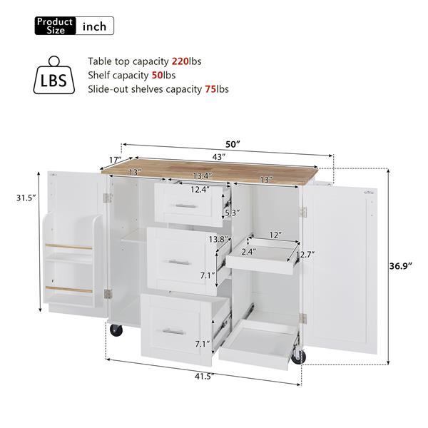 Rolling Kitchen Island with Storage, Kitchen Cart with Rubber Wood Top, 3 Drawer, 2 Slide-Out Shelf and Internal Storage Rack, Kitchen Island on Wheels with Spice Rack & Tower Rack, White