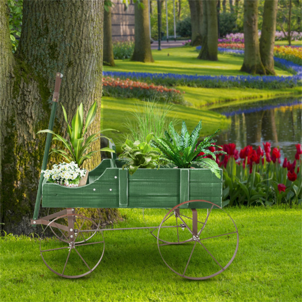 Wooden plant frame with wheels, Green planting pot