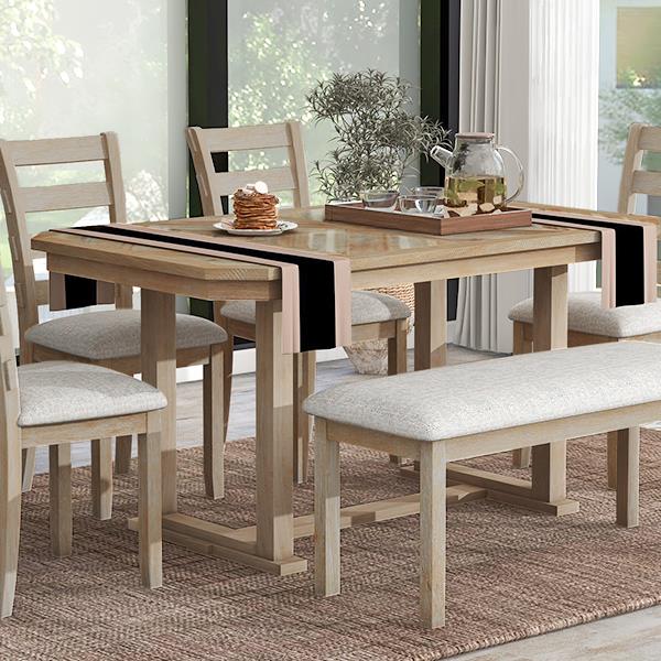 6-Piece Rubber Wood Dining Table Set with Beautiful Wood Grain Pattern Tabletop Solid Wood Veneer and Soft Cushion (Natural Wood Wash)