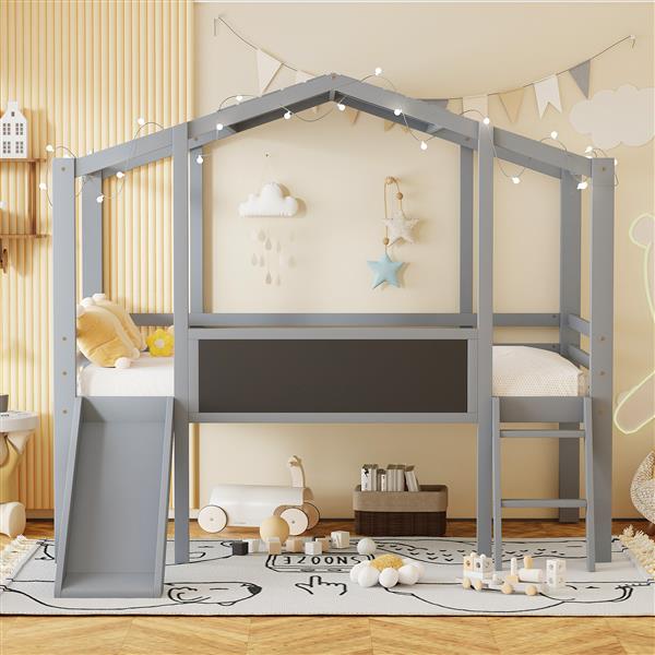 Twin Size Loft Bed with Ladder and Slide, House Bed with Blackboard and Light Strip on the Roof, Gray