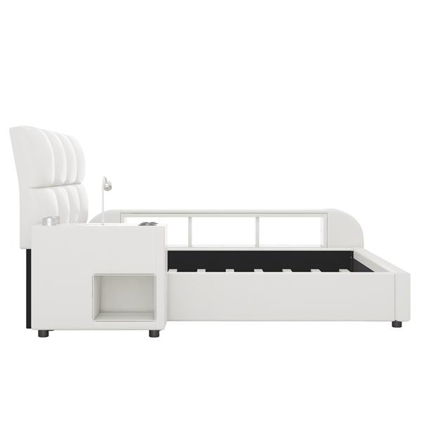 Queen Size Upholstered Platform Bed with Multimedia Nightstand and Storage Shelves, White