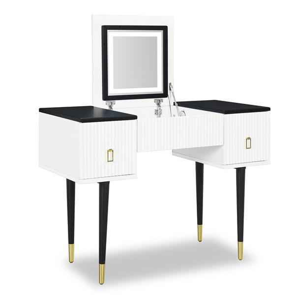 43.3" Modern Vanity Table Set with Flip-top Mirror and LED Light, Dressing Table with Customizable Storage, White and Black